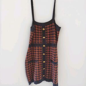 Coco & Shay Bodycon Stretch Short Dress Houndstooth Gold Buttons Womens Size L